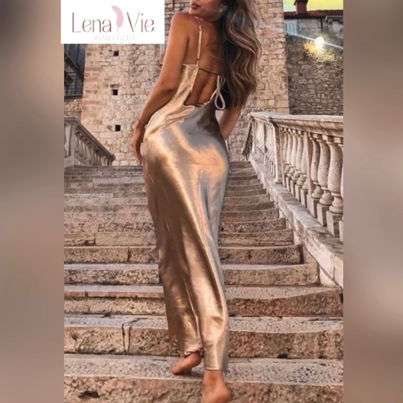 Lena Vie Champagne Addie May Slip Dress Hammered Soft Satin Long Gold Maxi Gown - Picture 9 of 12